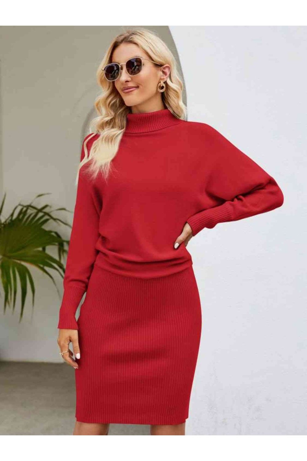 Turtle Neck Long Sleeve Ribbed Sweater Dress - Sweater Dresses - FITGGINS