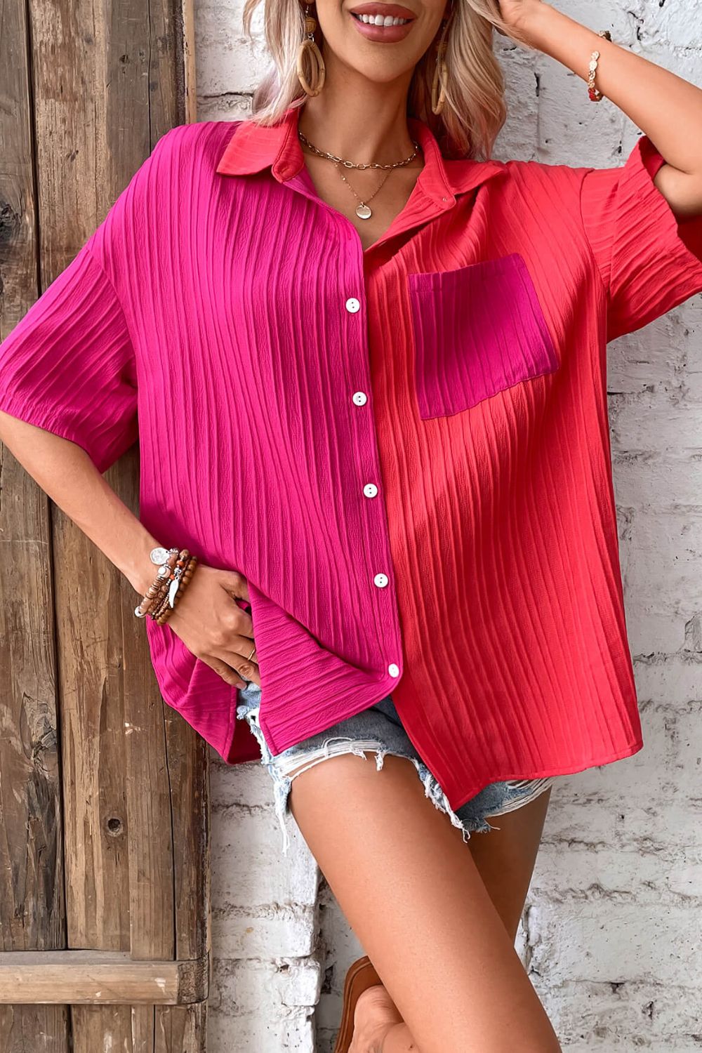 Two-Tone Button Front Dropped Shoulder Shirt - Shirts - FITGGINS