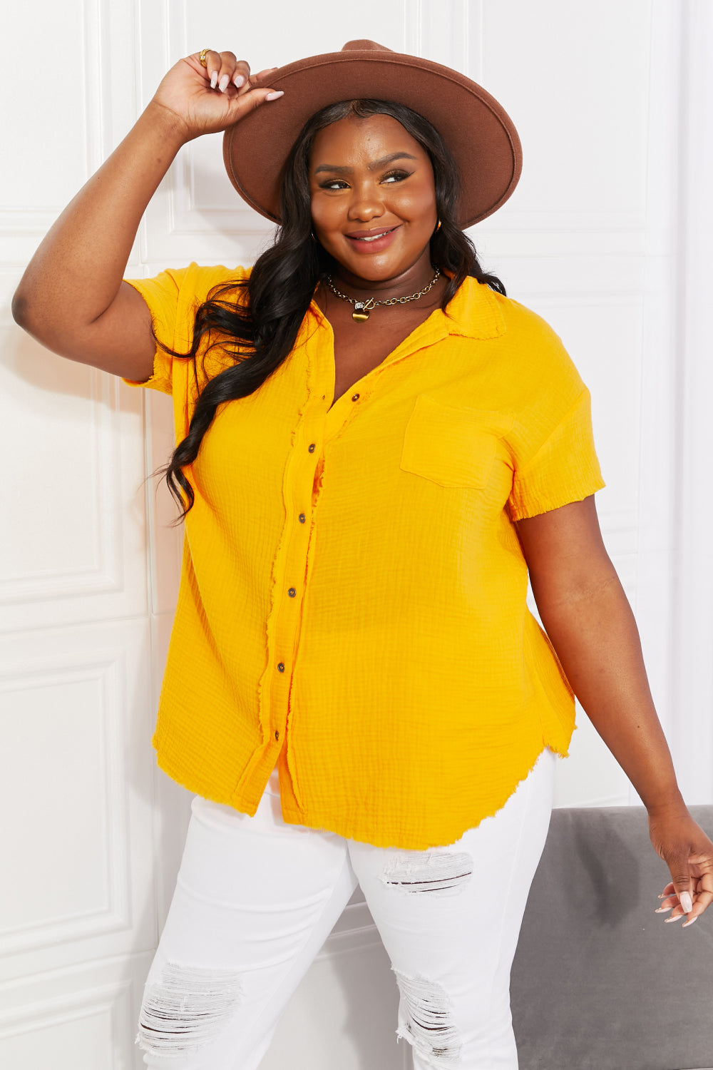 Zenana Full Size Summer Breeze Gauze Short Sleeve Shirt in Mustard - Shirts - FITGGINS
