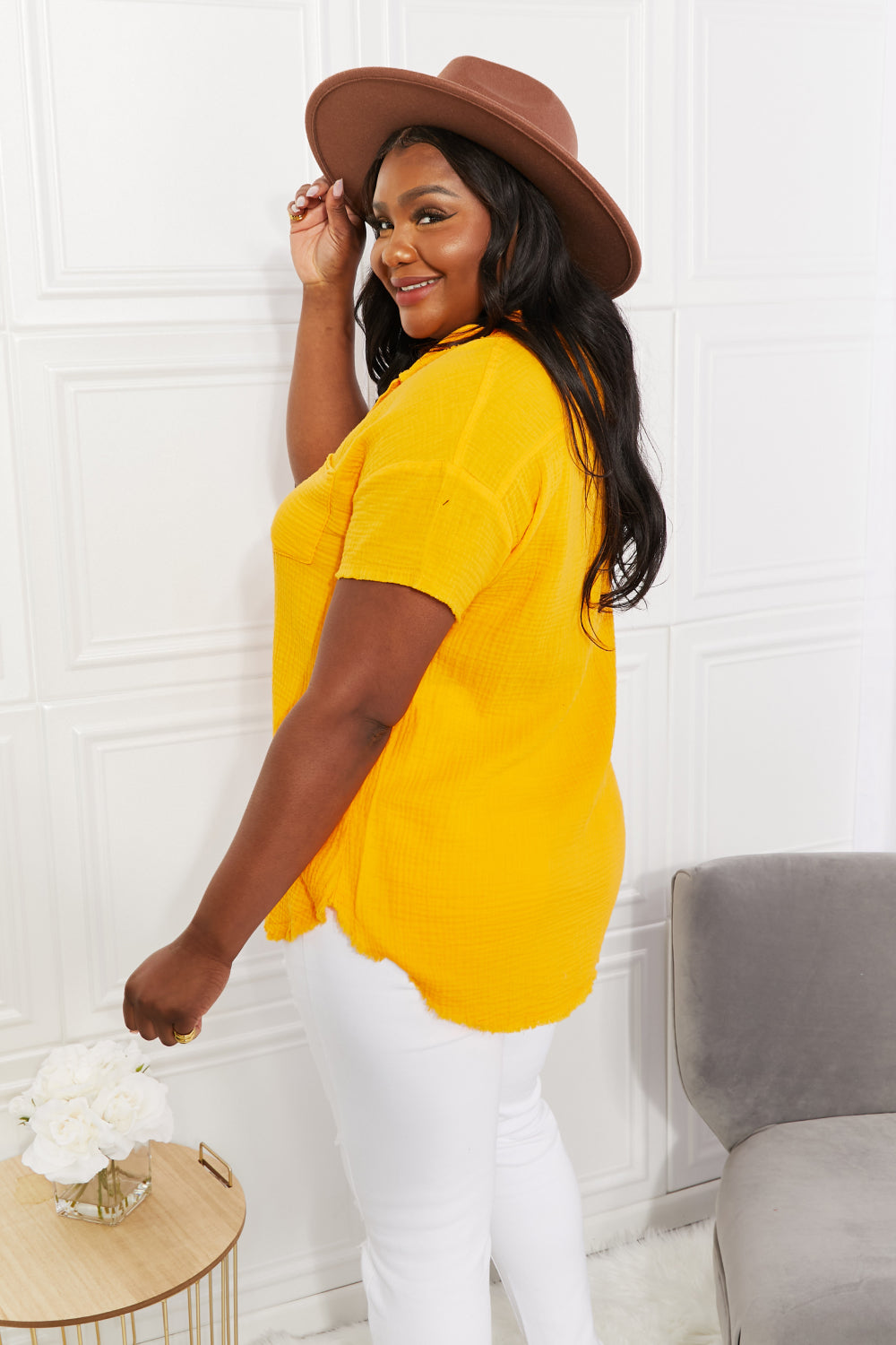 Zenana Full Size Summer Breeze Gauze Short Sleeve Shirt in Mustard - Shirts - FITGGINS