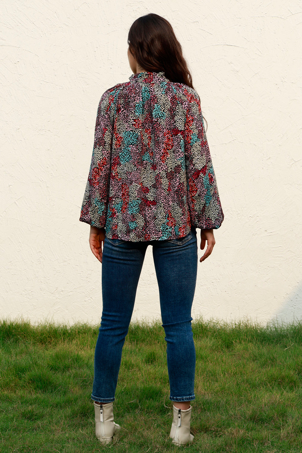 Tie Neck Heathered Balloon Sleeve Blouse Fitggins