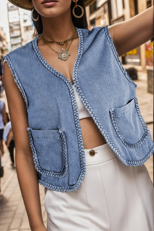 Open Front Sleeveless Denim Jacket - Denim Jackets - FITGGINS