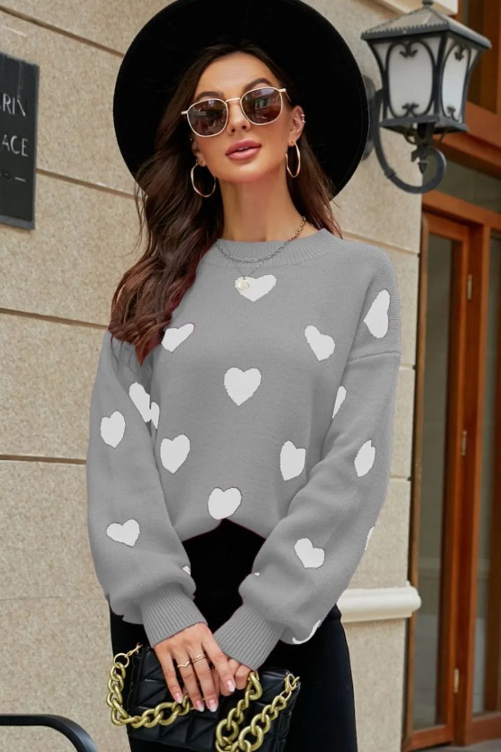 Woven Right Heart Pattern Lantern Sleeve Round Neck Tunic Sweater Fitggins