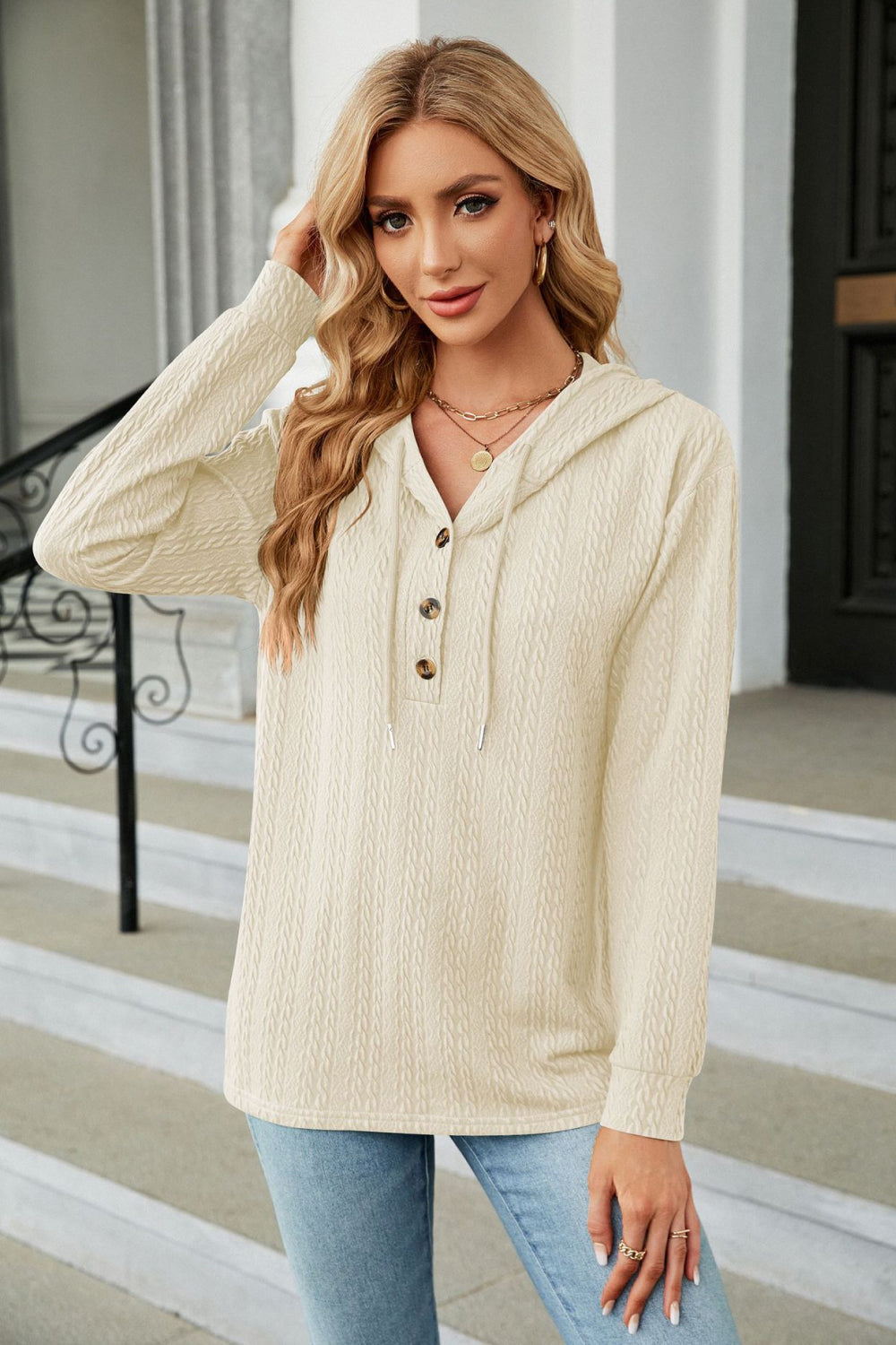 Cable-Knit Long Sleeve Hoodie Tan Fitggins