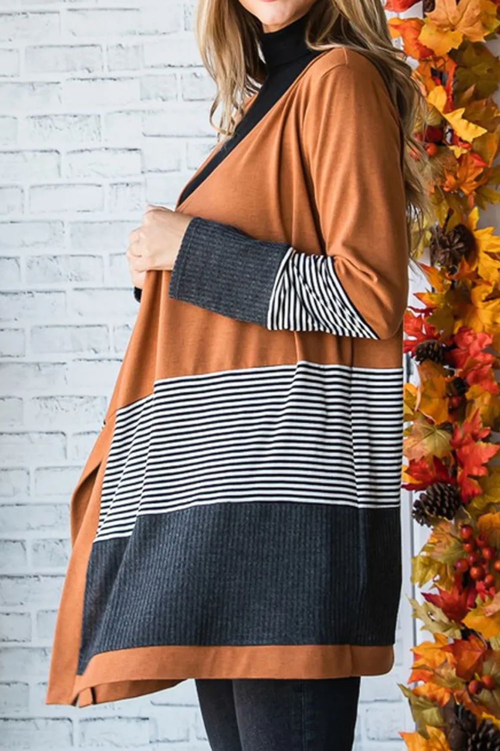 Striped Open Front Long Sleeve Cover Up - Cardigans - FITGGINS