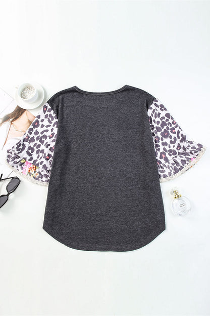 Leopard Flounce Sleeve Round Neck Top - Blouses - FITGGINS