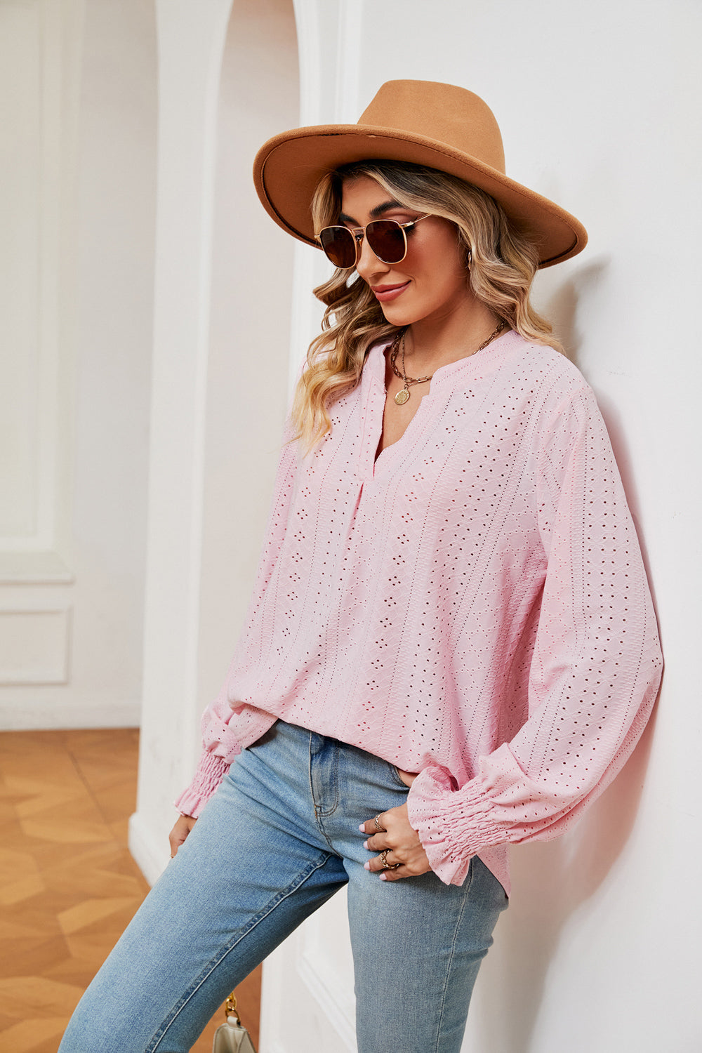 Notched Neck Flounce Sleeve Blouse Fitggins