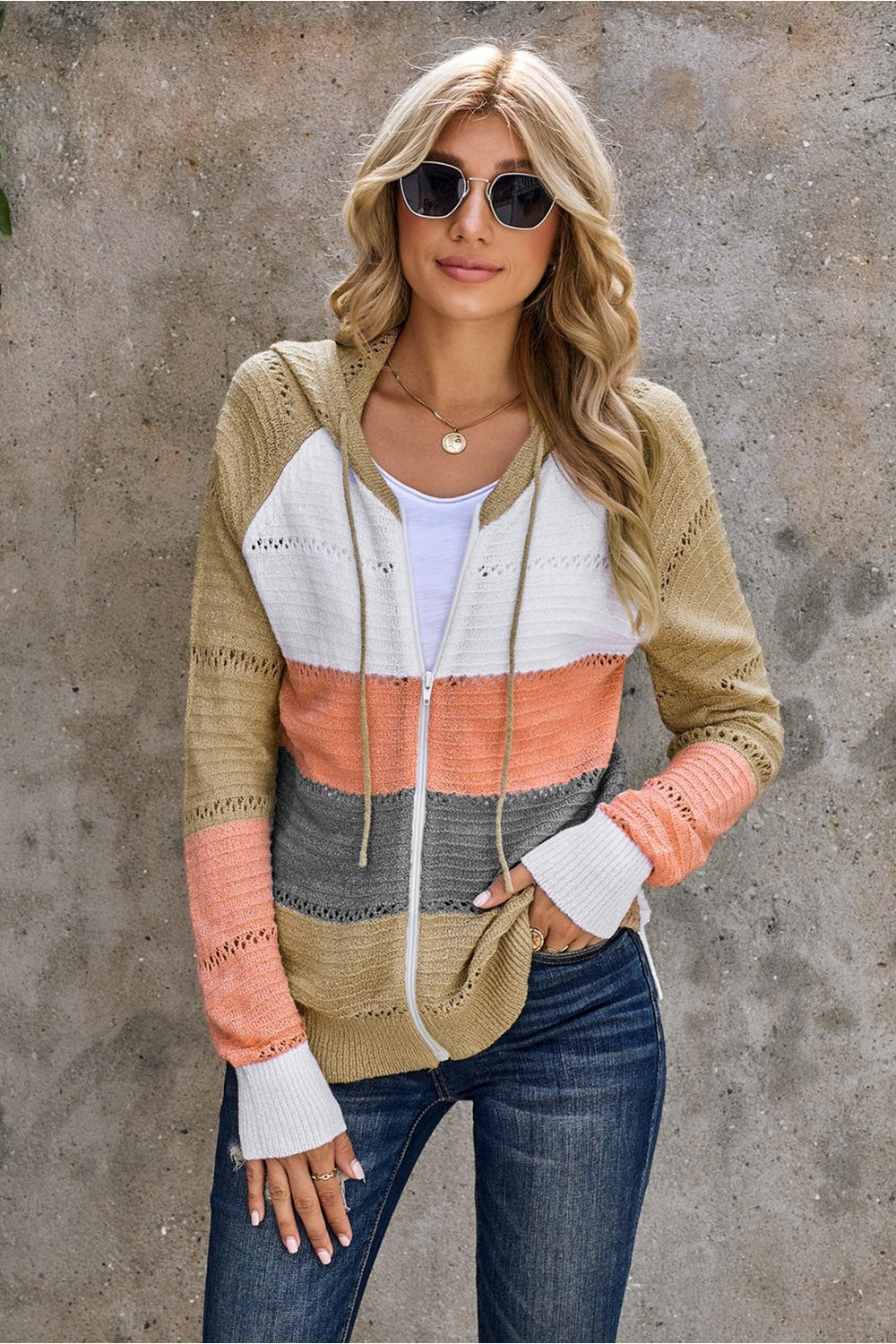 Zip-Up Raglan Sleeve Openwork Hooded Cardigan - Sweatshirts & Hoodies - FITGGINS