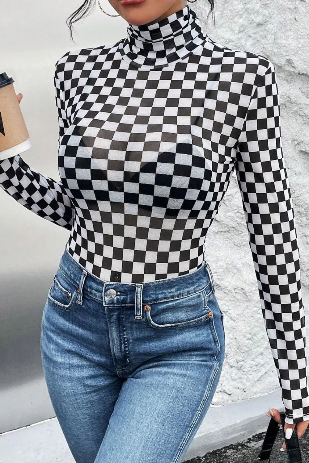 Checkered Turtleneck Long Sleeve Bodysuit - Bodysuit - FITGGINS