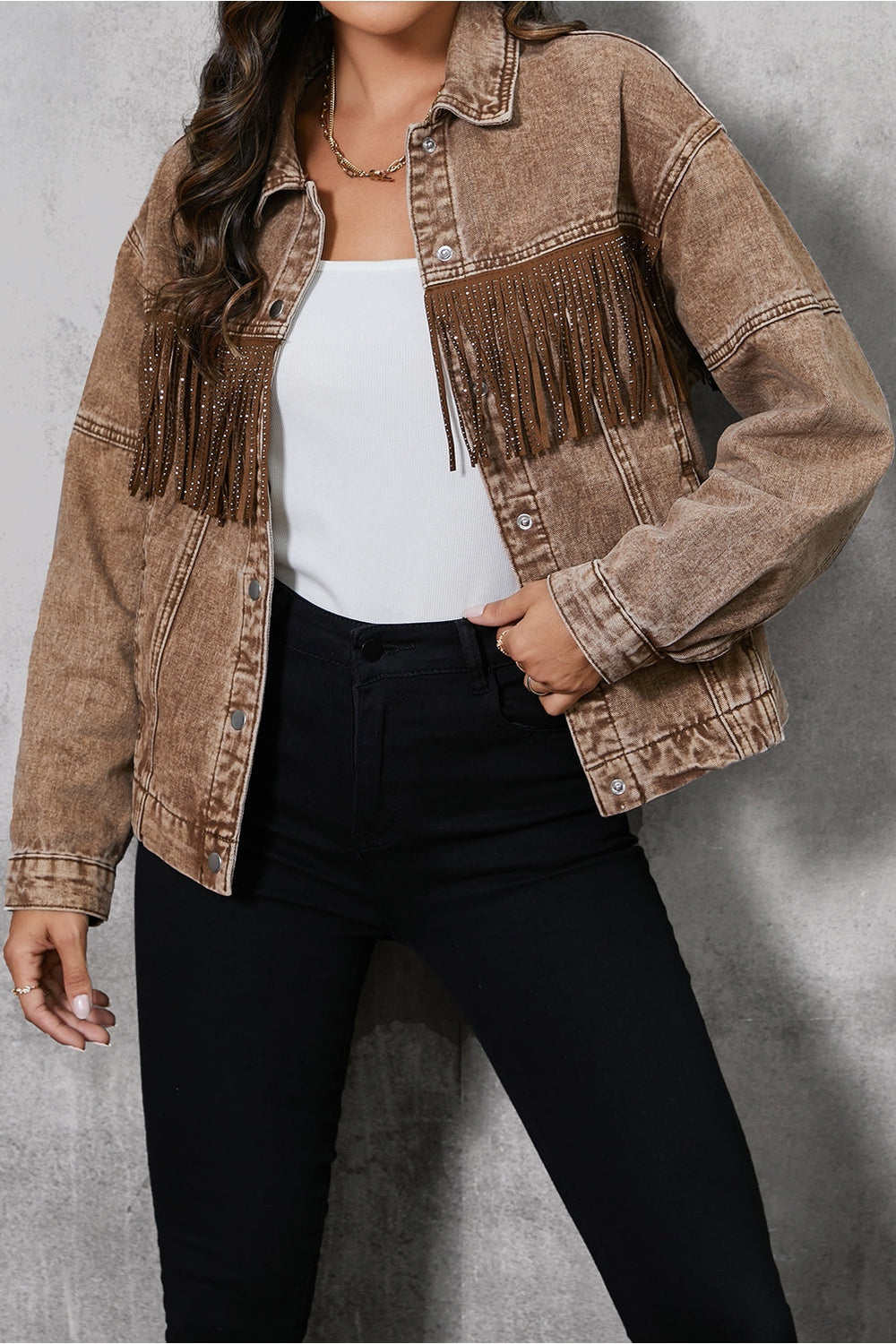 Fringe Trim Snap Down Denim Jacket - Denim Jackets - FITGGINS