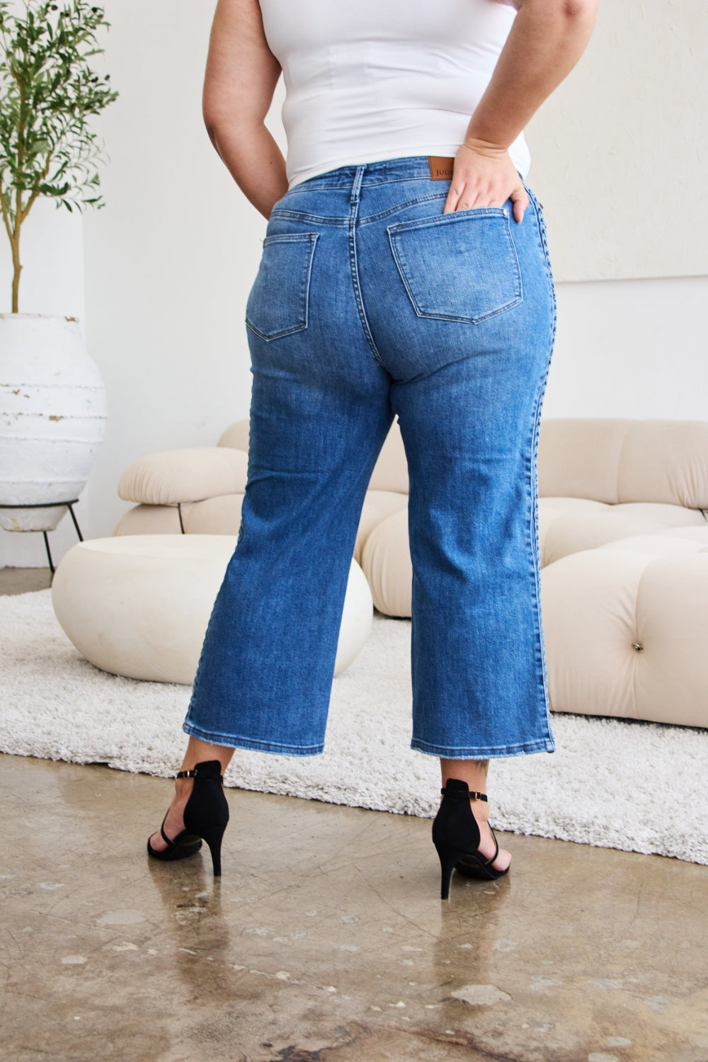 Judy Blue Full Size Braid Side Detail Wide Leg Jeans - Jeans - FITGGINS