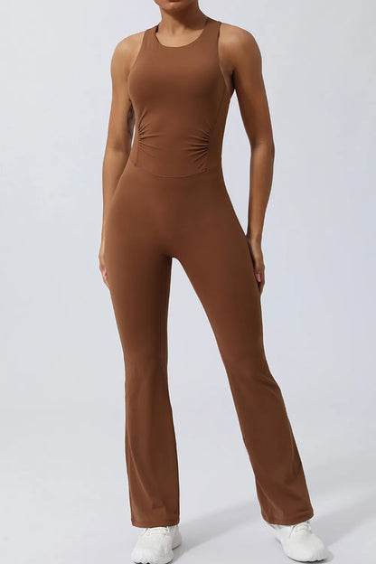 Crisscross Wide Strap Sleeveless Jumpsuit Brown Fitggins