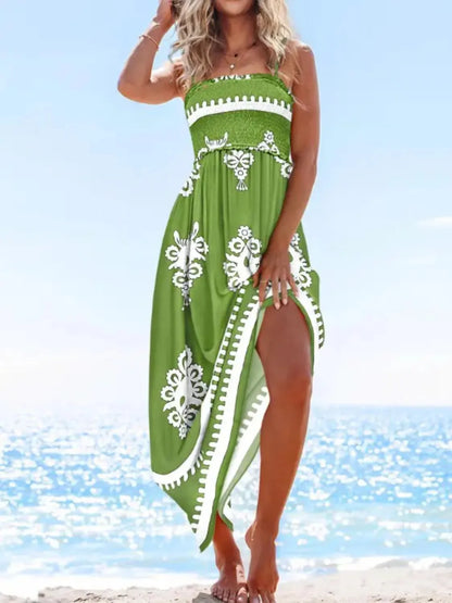 Printed Smocked Maxi Cami Dress Green Fitggins