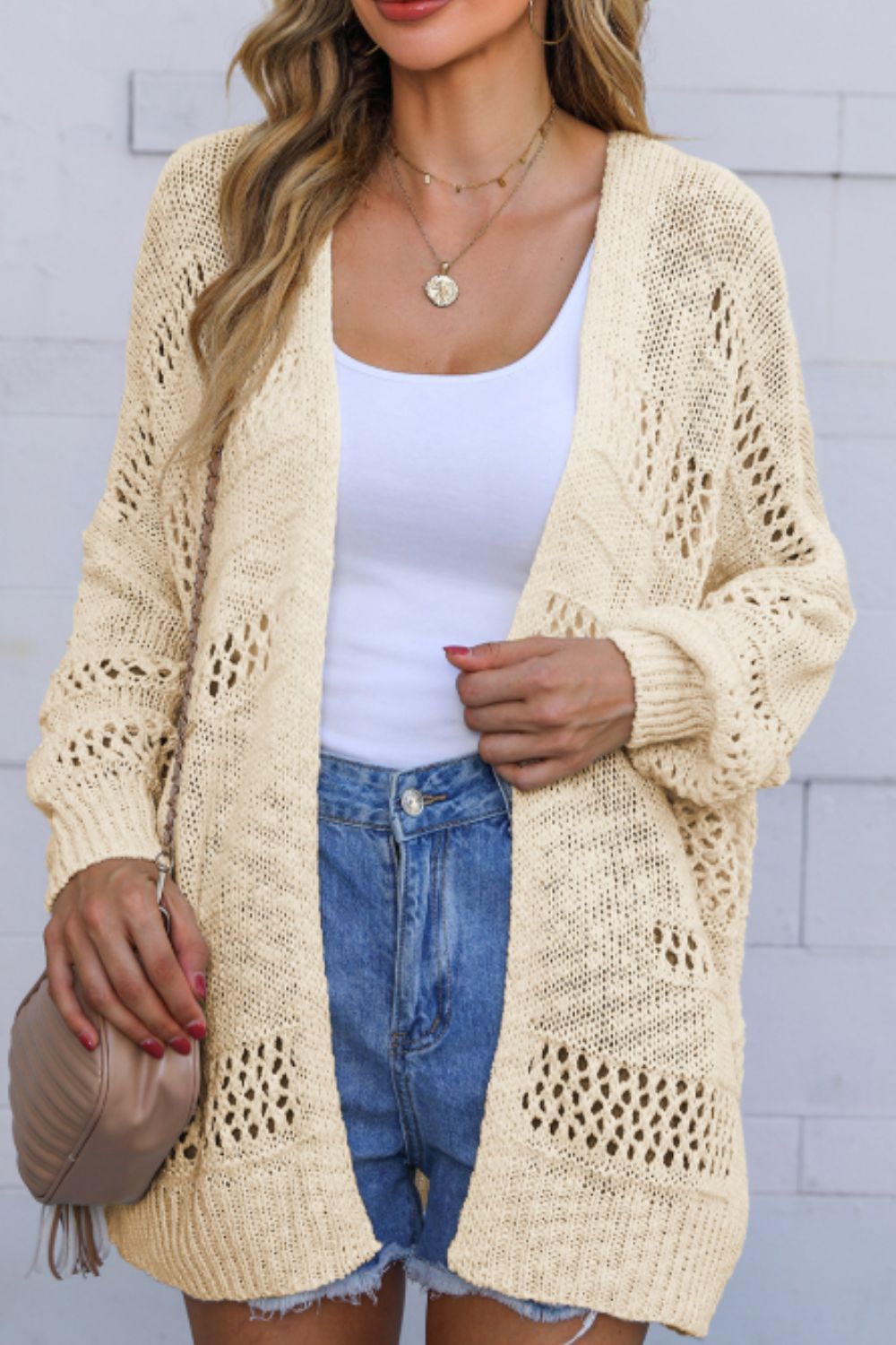 Openwork Open Front Long Sleeve Cardigan - Cardigans - FITGGINS