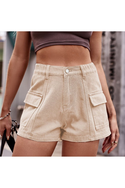 High-Waist Denim Shorts with Pockets - Denim Shorts - FITGGINS