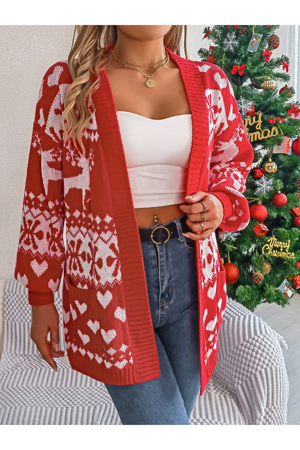 Pocketed Open Front Long Sleeve Cardigan - Cardigans - FITGGINS