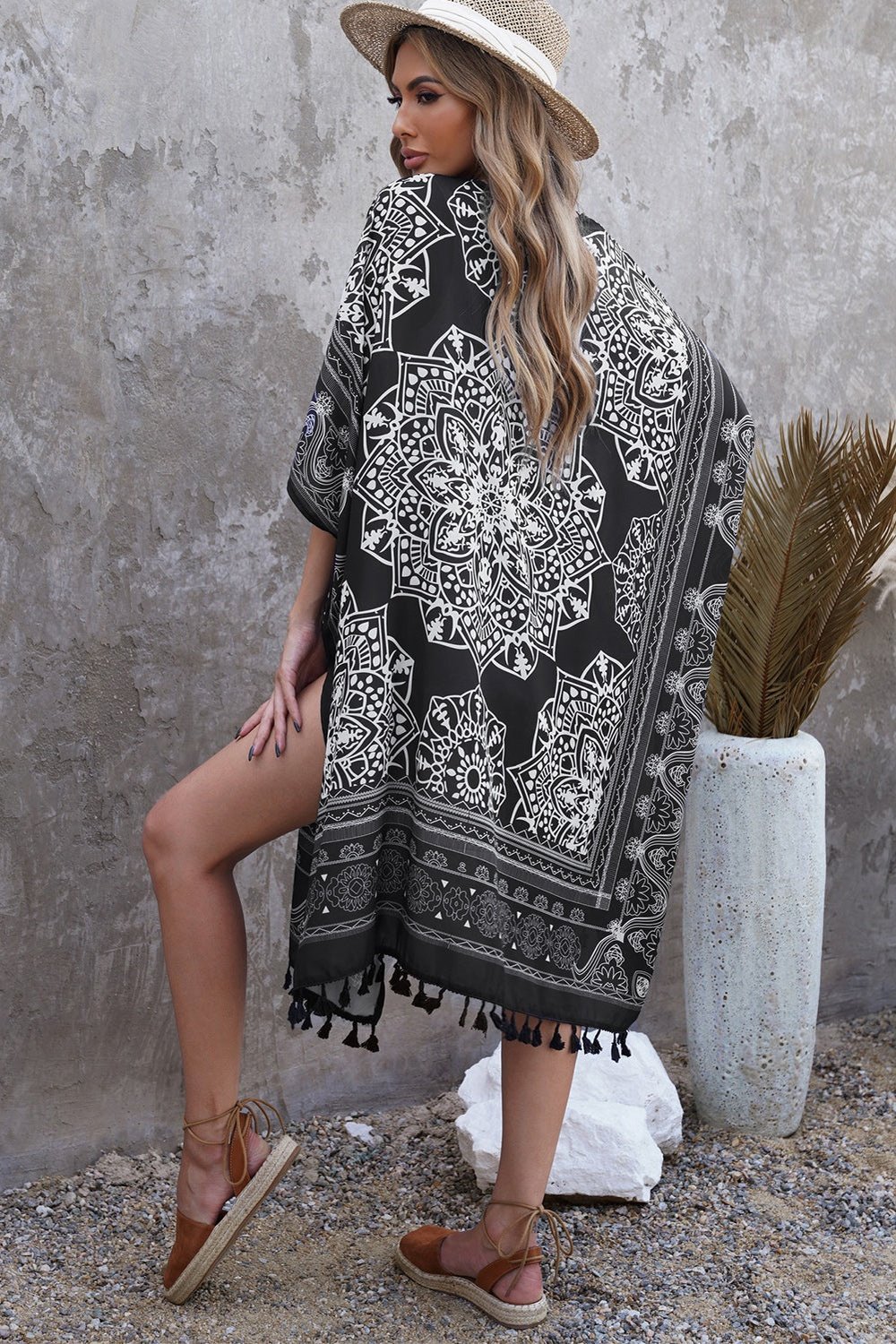 Printed Tassel Trim Open Front Cardigan - Cover-Ups - FITGGINS