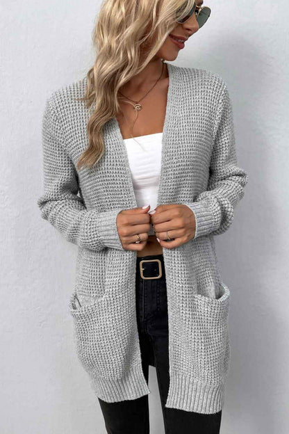 Rib-Knit Open Front Pocketed Cardigan Light Gray Fitggins