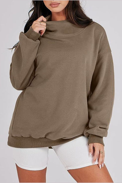 Mock Neck Drop Shoulder Long Sleeve Sweatshirt - Sweatshirts & Hoodies - FITGGINS