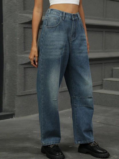 Half Elastic Waist Straight Leg Jeans Fitggins