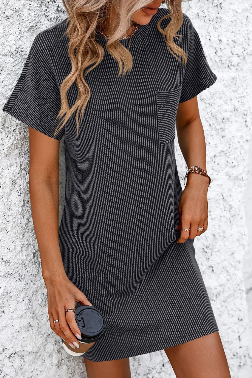 Mandy Ribbed Striped Short Sleeve Mini Tee Dress Fitggins