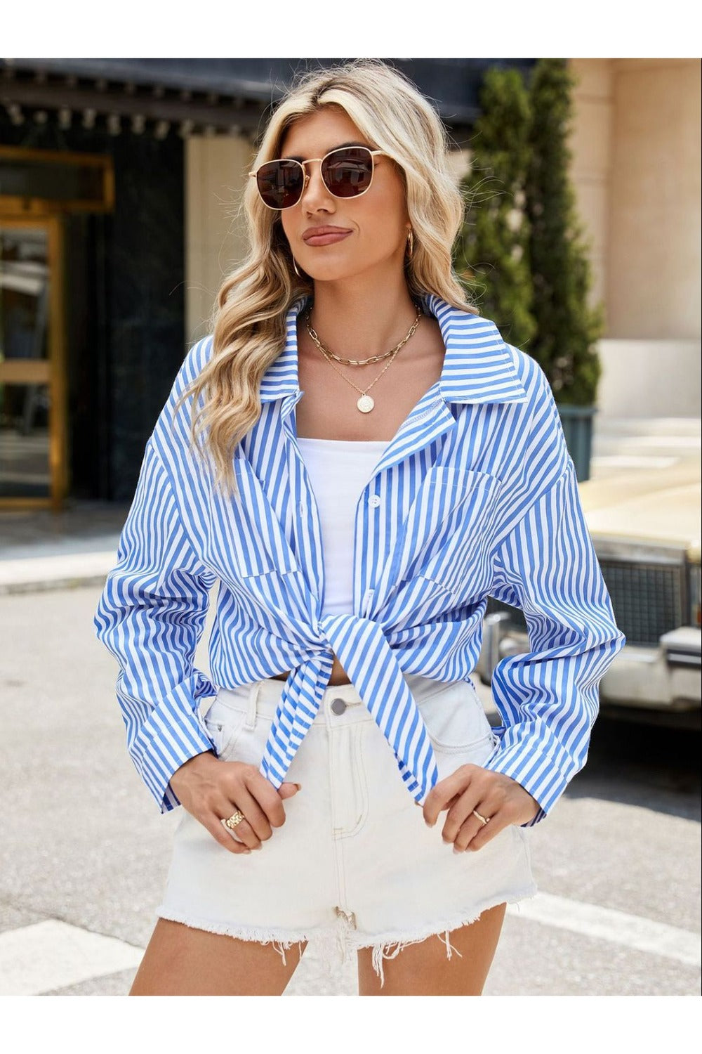 Striped Button Up Long Sleeve Shirt - Shirts - FITGGINS