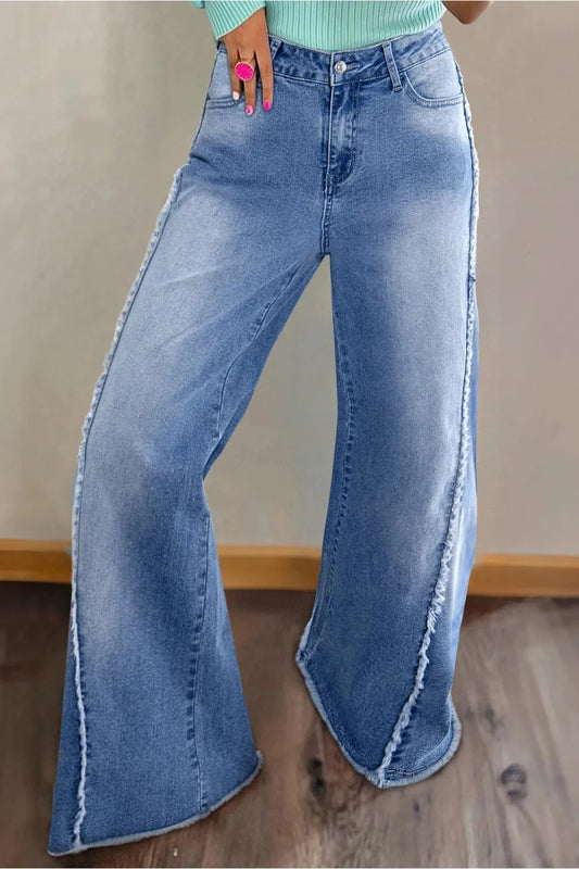 Raw Hem Wide Leg Jeans with Pockets - Jeans - FITGGINS