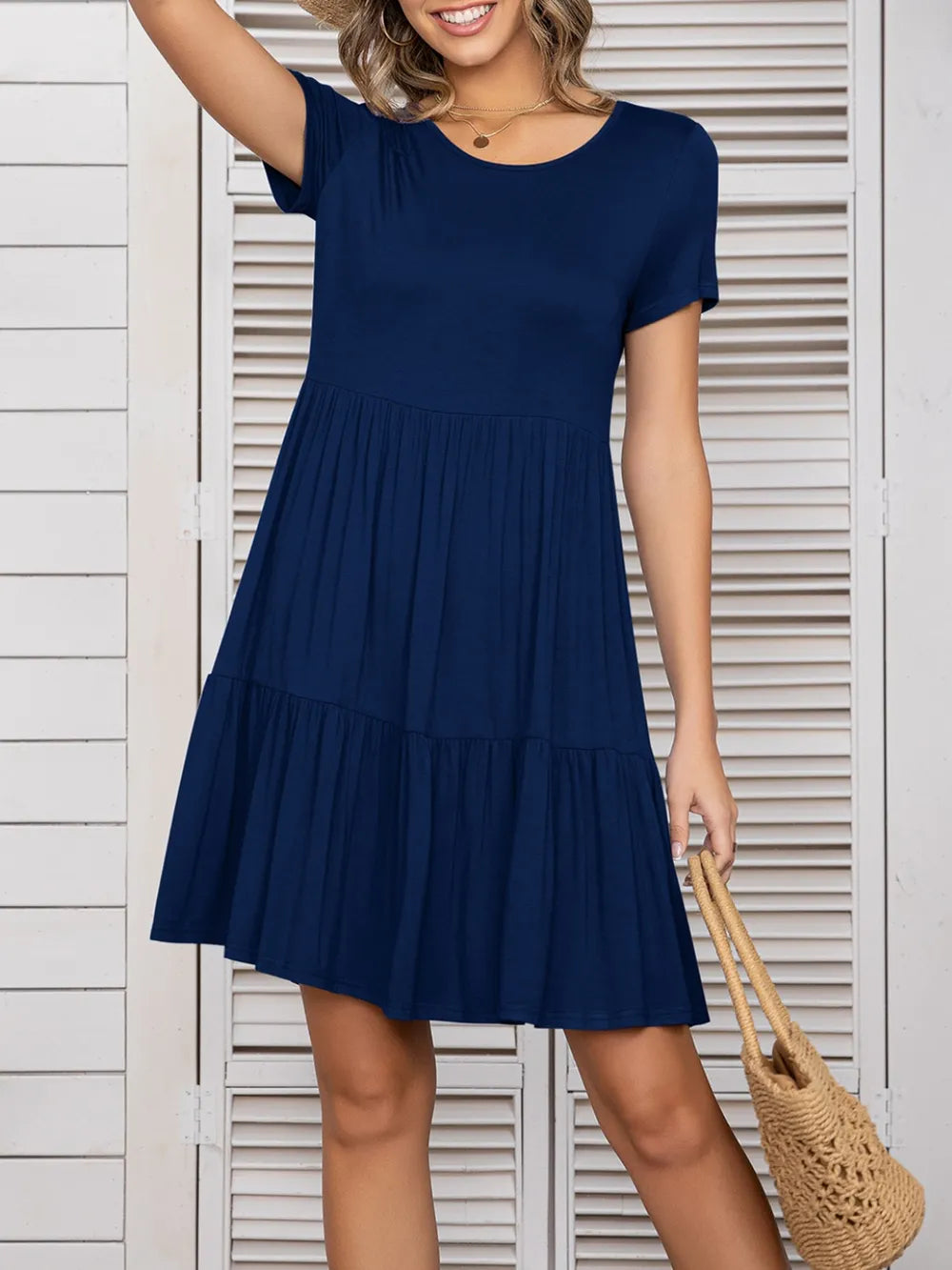 Round Neck Short Sleeve Mini Tee Dress Fitggins