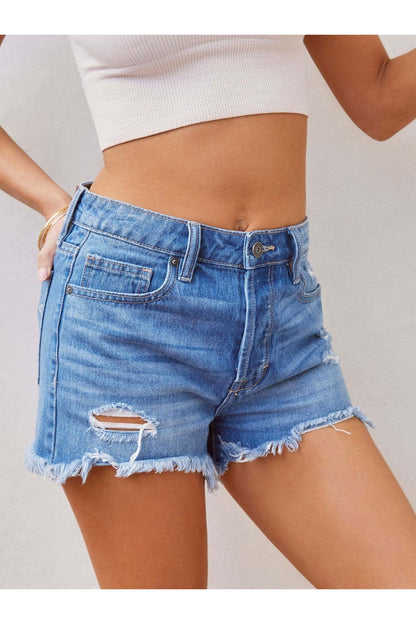 Distressed Raw Hem Denim Shorts - Denim Shorts - FITGGINS