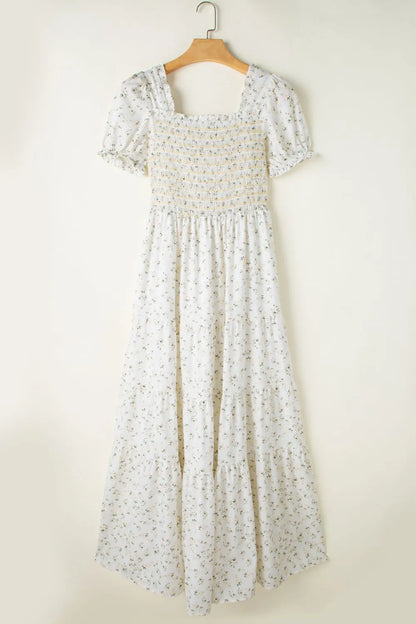 Floral Smocked Short Puff Sleeve Maxi Dress Fitggins