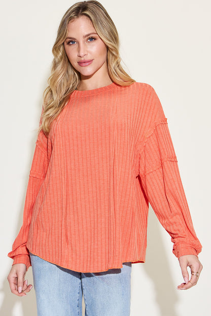 Basic Bae Full Size Ribbed Round Neck Long Sleeve T-Shirt - T-Shirts - FITGGINS