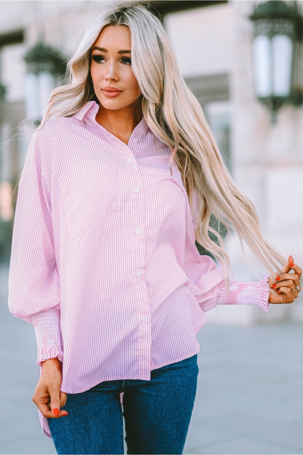 Striped Lantern Sleeve Collared Shirt - Shirts - FITGGINS