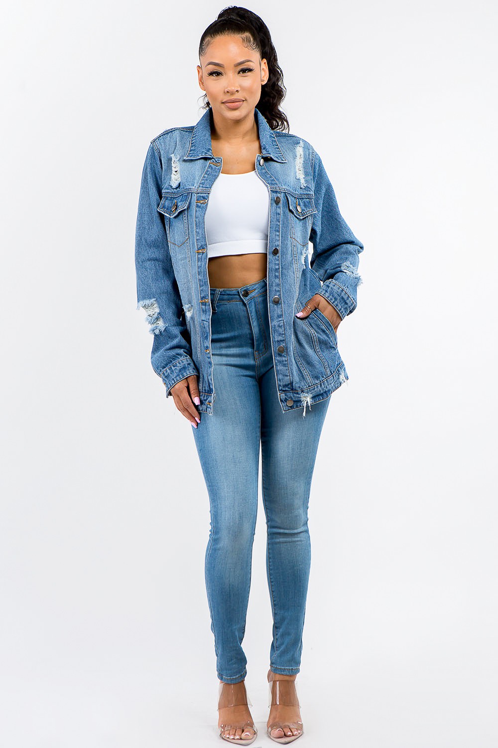 American Bazi Full Size Button Up Distressed Denim Jacket - Denim Jackets - FITGGINS