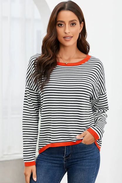 Striped Round Neck Drop Shoulder T-Shirt Fitggins