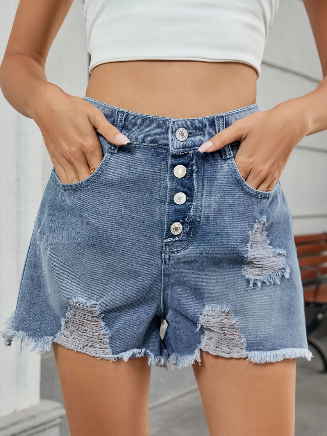 Distressed Raw Hem Denim Shorts Dark Blue Fitggins