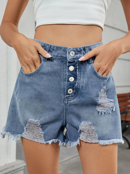Distressed Raw Hem Denim Shorts Dark Blue Fitggins