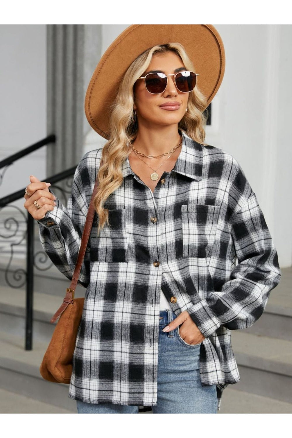 Plaid Collared Neck Long Sleeve Shirt - Shirts - FITGGINS