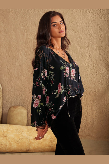 Flower Printed Tie Neck Long Sleeve Blouse - Blouses - FITGGINS