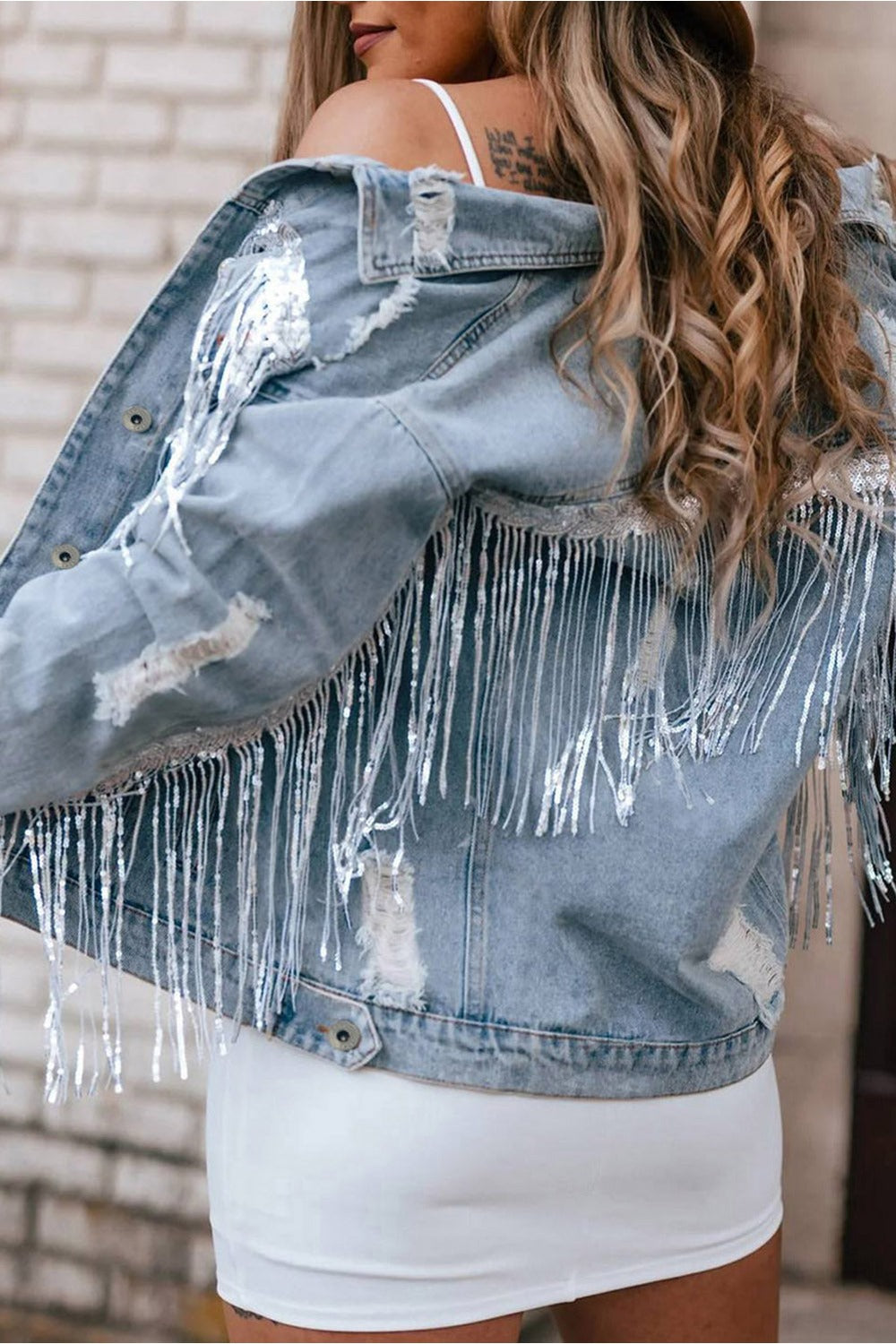 Sequin Fringe Trim Distressed Button Up Denim Jacket - Denim Jackets - FITGGINS