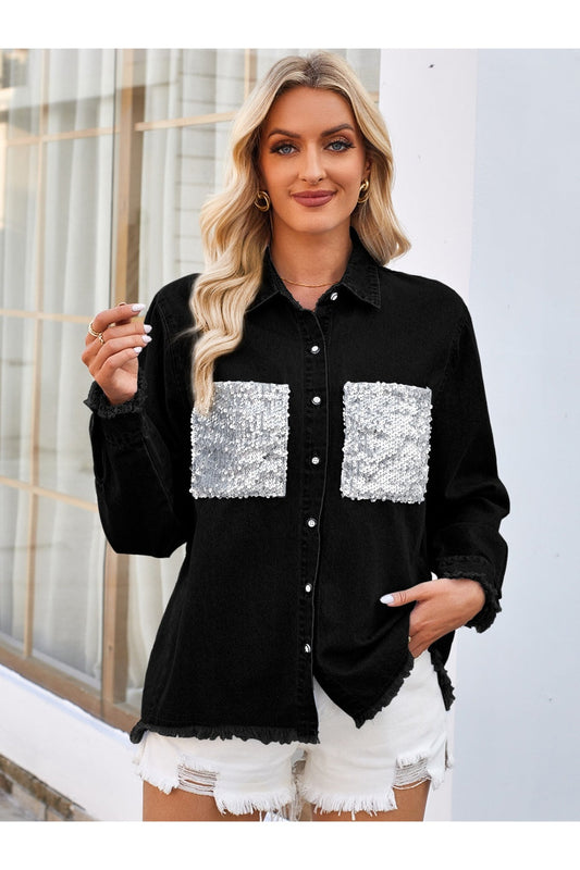 Raw Hem Button Up Long Sleeve Denim Jacket with Sequin Pockets - Denim Jackets - FITGGINS