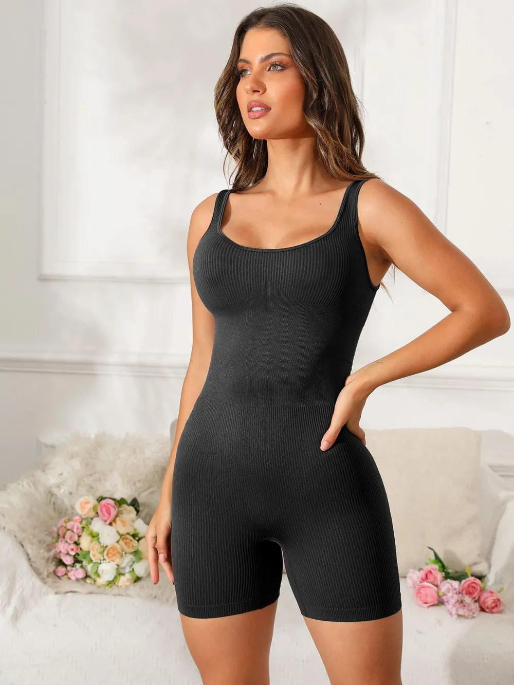 Scoop Neck Wide Strap Active Romper Fitggins