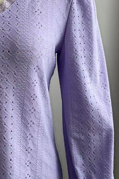 Eyelet V-Neck Flounce Sleeve Blouse Fitggins