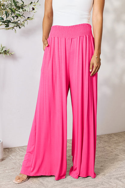 Double Take Full Size Smocked Wide Waistband Wide Leg Pants - Pants - FITGGINS