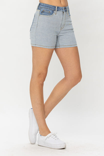 Judy Blue Full Size Color Block Denim Shorts - Denim Shorts - FITGGINS