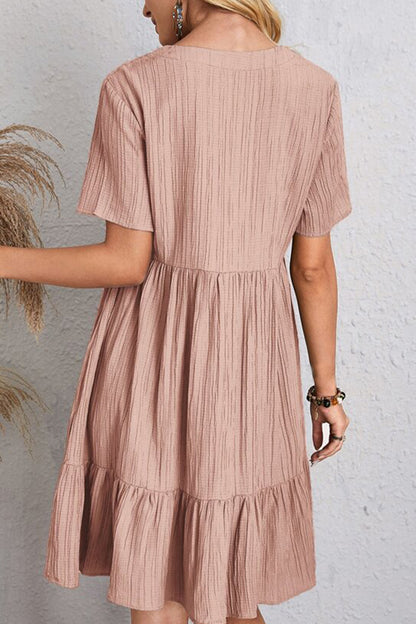 Full Size Ruched V-Neck Short Sleeve Dress - Casual & Maxi Dresses - FITGGINS