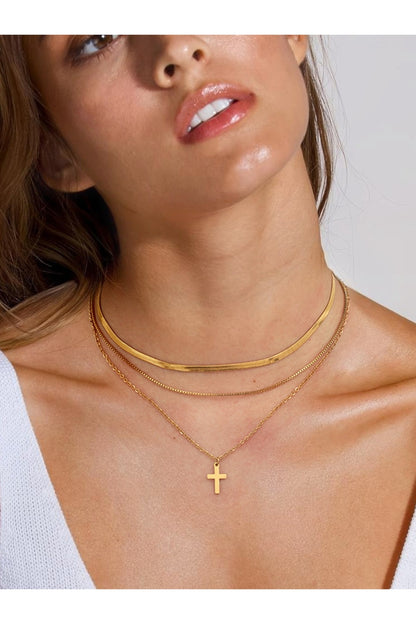 18K Gold-Plated Three-Layered Cross Necklace - Necklaces - FITGGINS