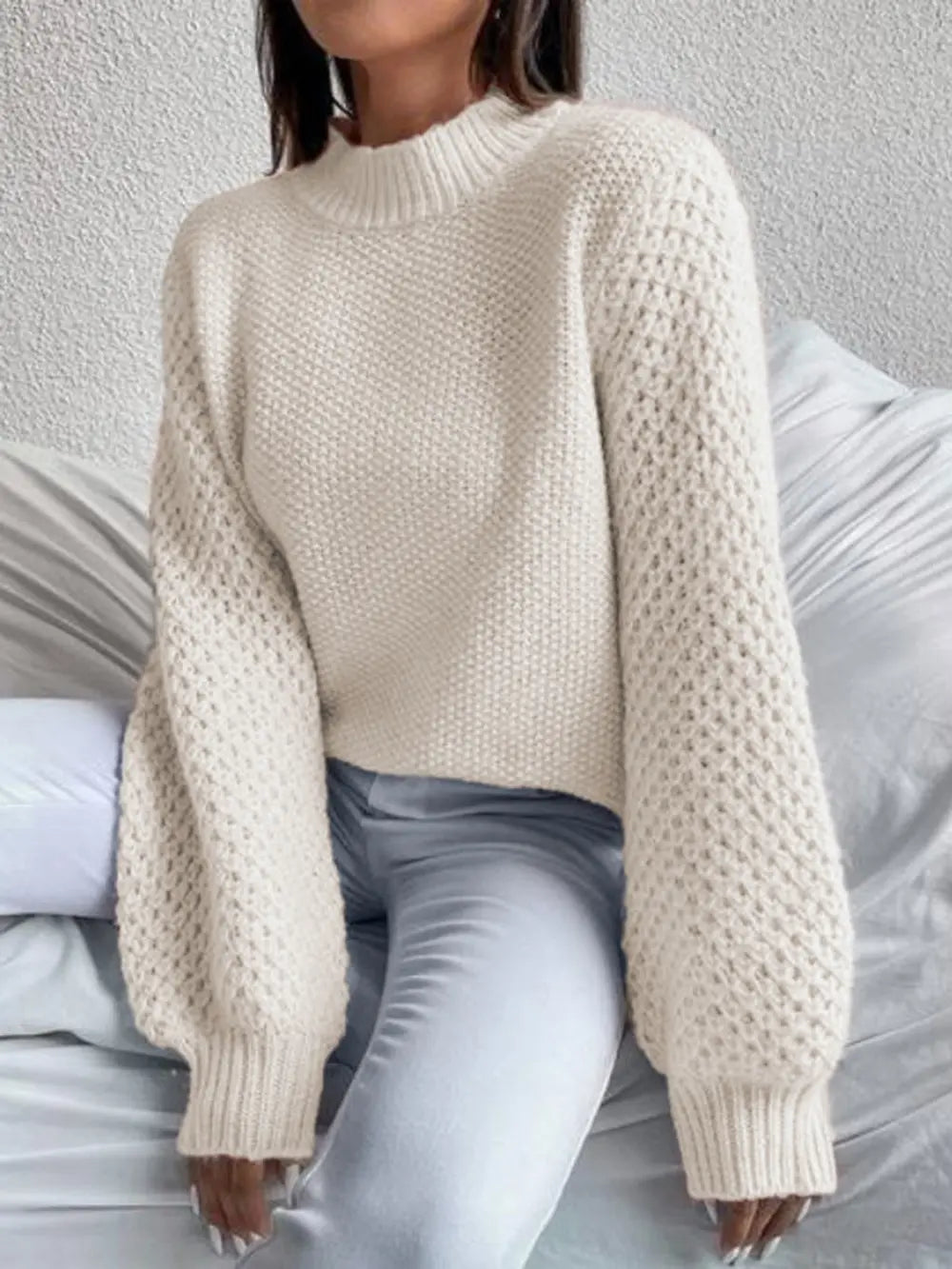 Openwork Mock Neck Long Sleeve Sweater Fitggins