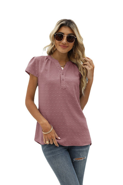 Swiss Dot Notched Neck Short Sleeve Top Fitggins