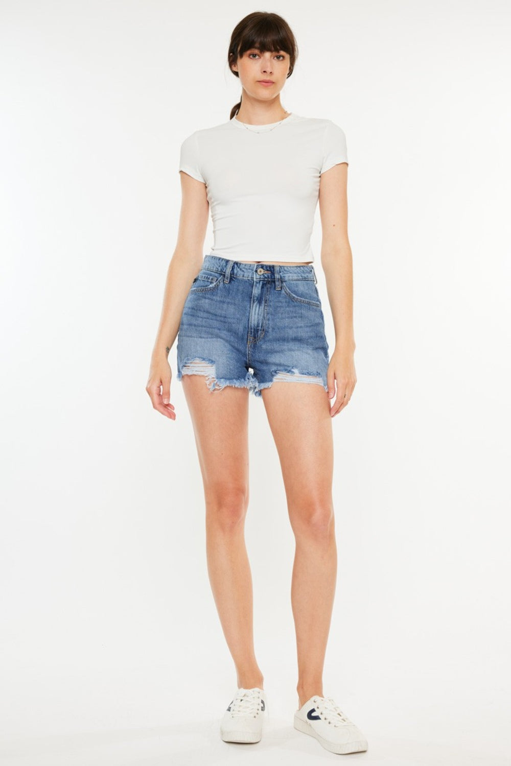 Kancan Distressed Raw Hem High Waist Denim Shorts - Denim Shorts - FITGGINS