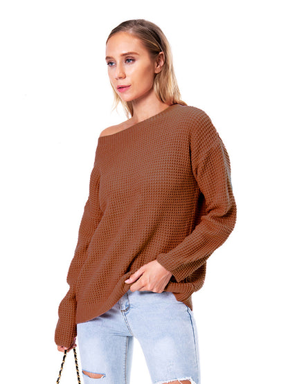Boat Neck Drop Shoulder Long Sleeve Sweater Fitggins